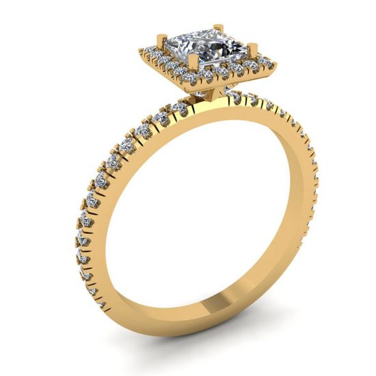 프린세스 컷 플로팅 헤일로 다이아몬드 약혼 반지 옐로우 골드,  이미지 확대 4
