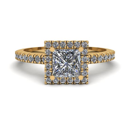 프린세스 컷 플로팅 헤일로 다이아몬드 약혼 반지 옐로우 골드, 이미지 확대 1