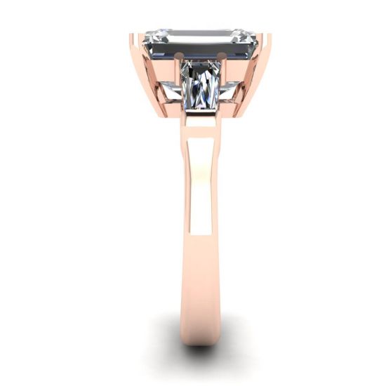 3석 에메랄드 및 바게트 다이아몬드 약혼 반지 로즈 골드, More Image 1