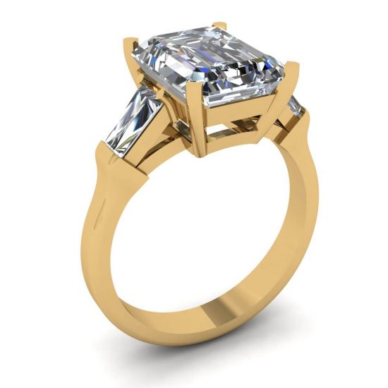 3석 에메랄드 및 바게트 다이아몬드 약혼 반지 옐로우 골드,  이미지 확대 4