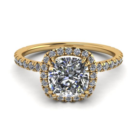 쿠션 다이아몬드 헤일로 약혼 반지 옐로우 골드, 이미지 확대 1