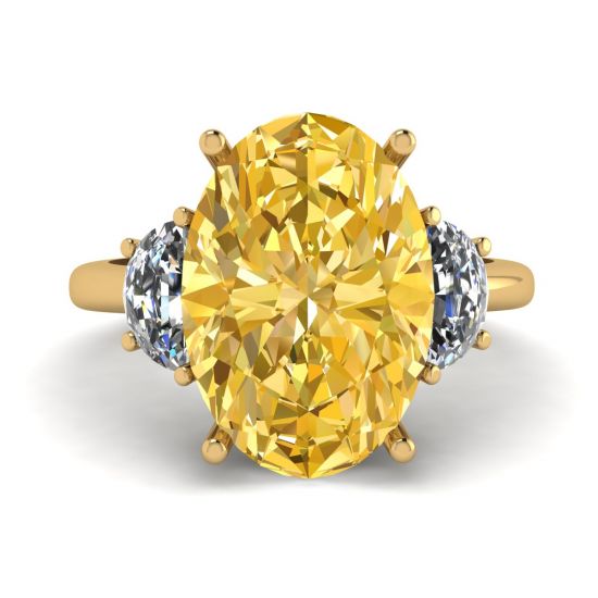 사이드 하프 문 화이트 다이아몬드가 있는 타원형 옐로우 다이아몬드 링 옐로우 골드, 이미지 확대 1