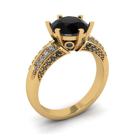 듀오 컬러 파베 링 옐로우 골드가 있는 6프롱 블랙 다이아몬드,  이미지 확대 4